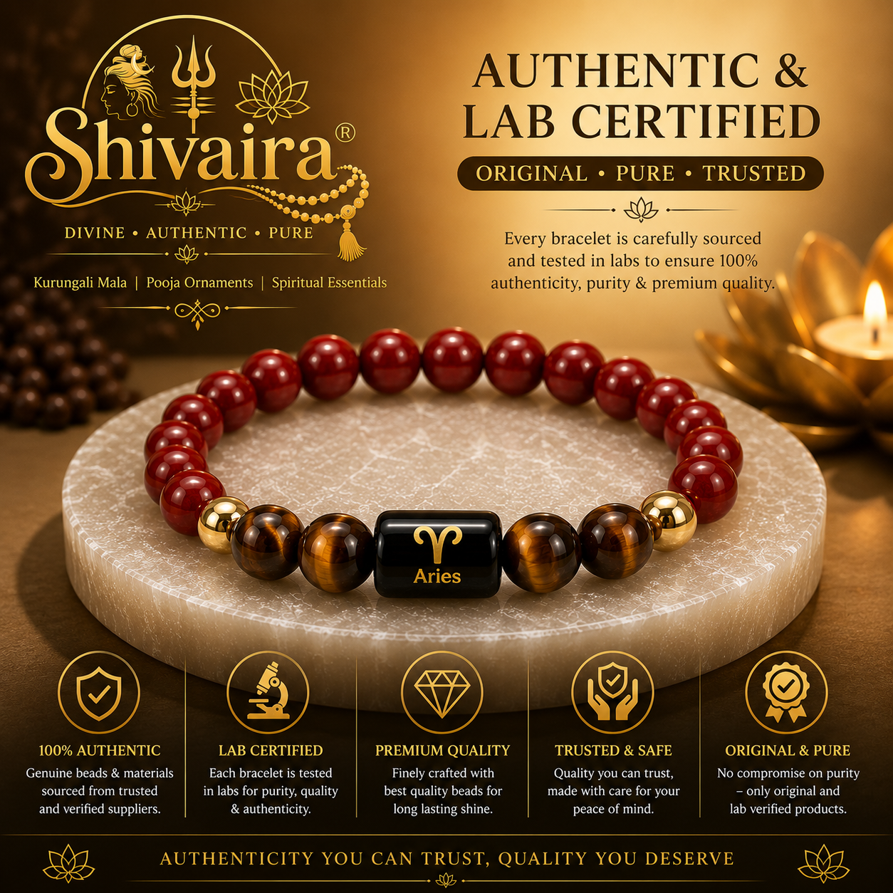 Aries Zodiac Bracelet for Men & Women | Mesh Rashi Natural Crystal Bracelet | Spiritual Energy Bracelet | Natural Stone Beads | Authentic & Lab Certified