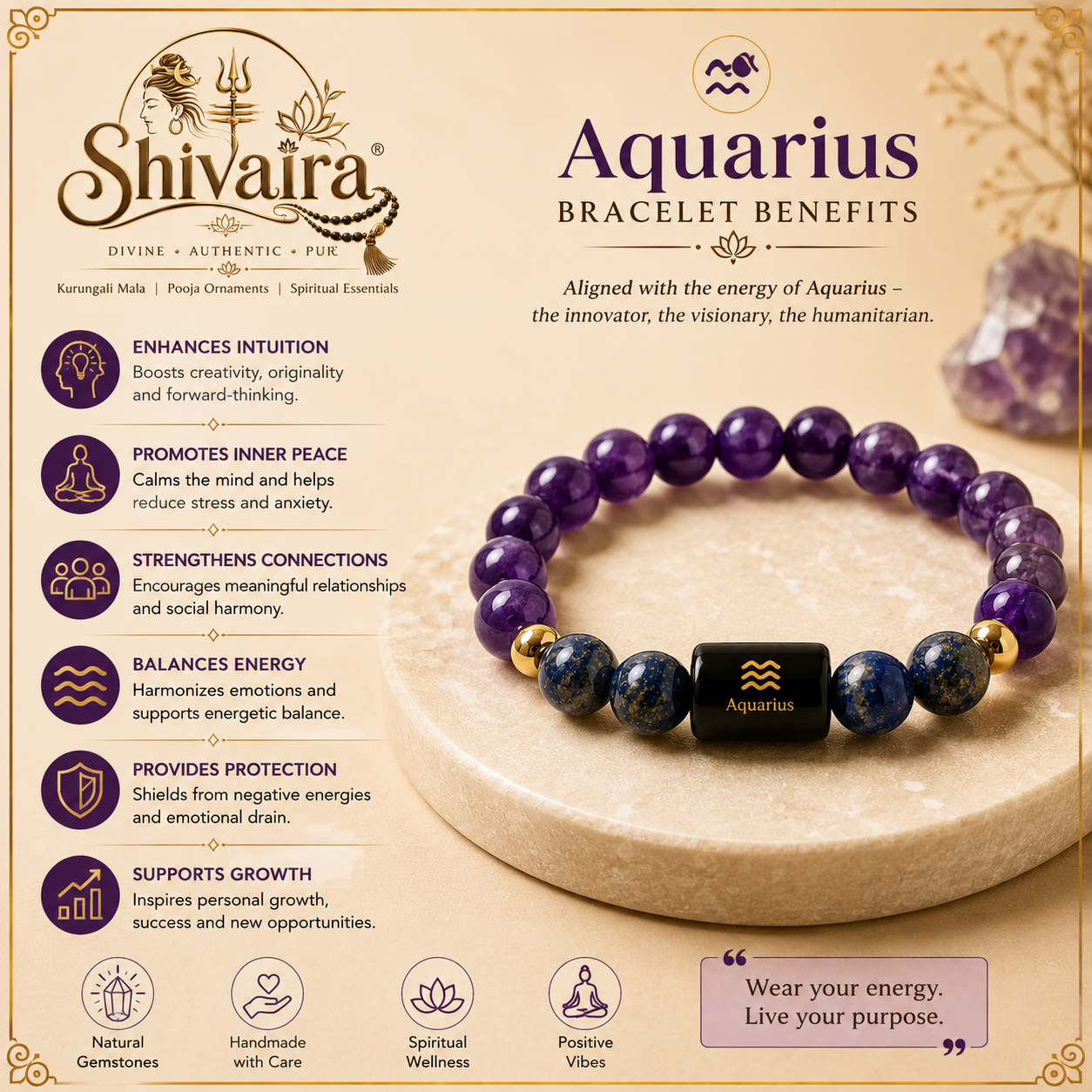 Aquarius Zodiac Bracelet for Men & Women | Natural Crystal Beads | Astrology Energy Bracelet | Aquarius Rashi Bracelet | Spiritual Gift | Authentic & Lab Certified