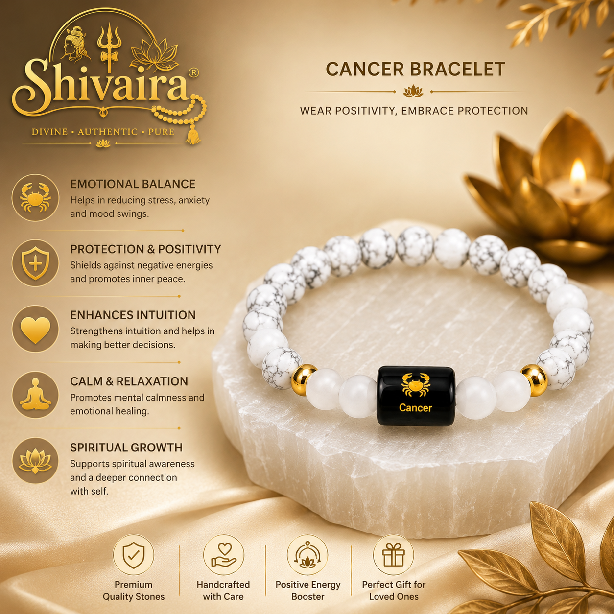 Cancer Zodiac Natural Crystal Bracelet for Men & Women | Kark Rashi Bracelet | Astrology & Spiritual Energy Bracelet | Natural Stone Beads | Authentic & Lab Certified