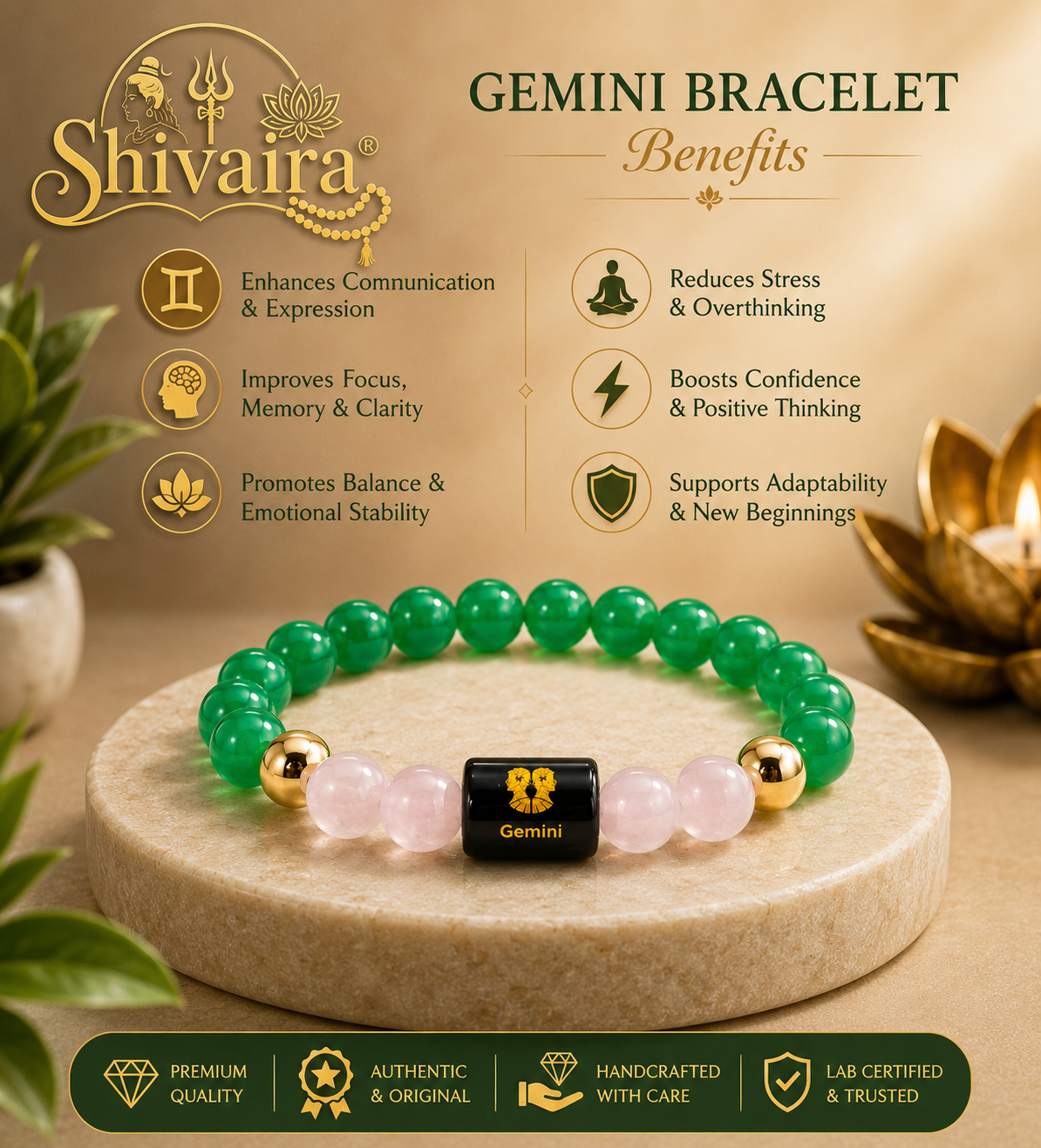 Gemini Zodiac Natural Crystal Bracelet for Men & Women | Mithun Rashi Bracelet | Authentic & Lab Certified