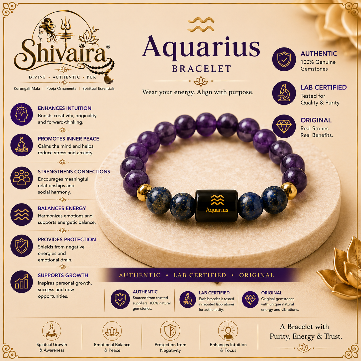 Aquarius Zodiac Bracelet for Men & Women | Natural Crystal Beads | Astrology Energy Bracelet | Aquarius Rashi Bracelet | Spiritual Gift | Authentic & Lab Certified