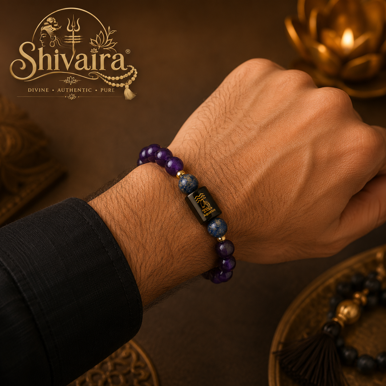 Aquarius Zodiac Bracelet for Men & Women | Natural Crystal Beads | Astrology Energy Bracelet | Aquarius Rashi Bracelet | Spiritual Gift | Authentic & Lab Certified
