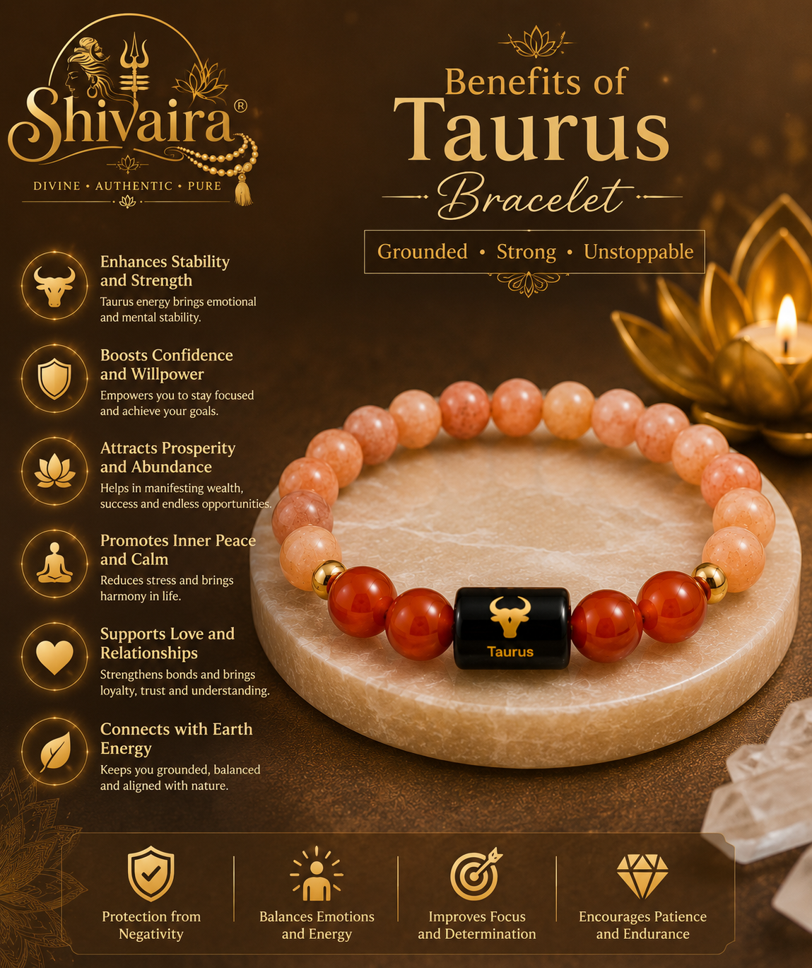 Taurus Zodiac Natural Crystal Bracelet for Men & Women | Vrishabh Rashi Bracelet | Authentic & Lab Certified